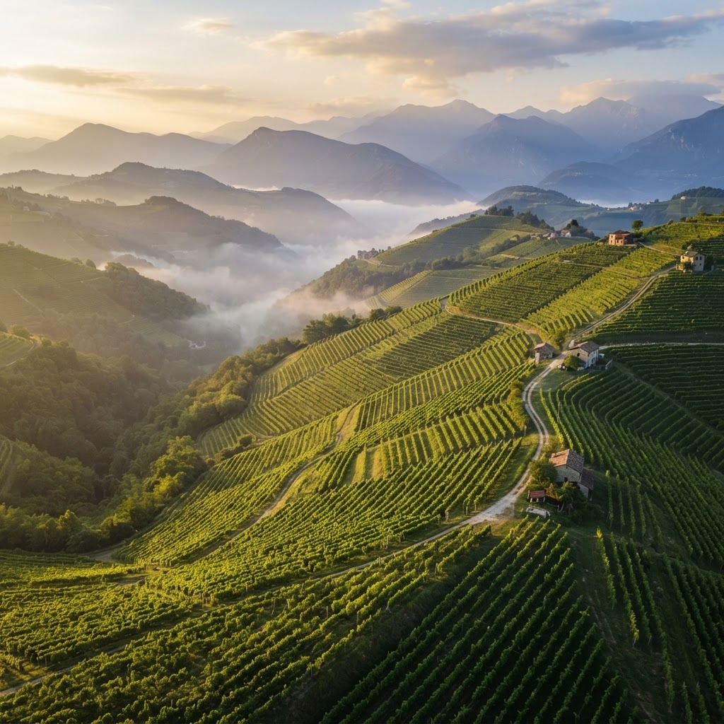 Vigneti collinari terrazzati nella zona di Conegliano-Valdobbiadene